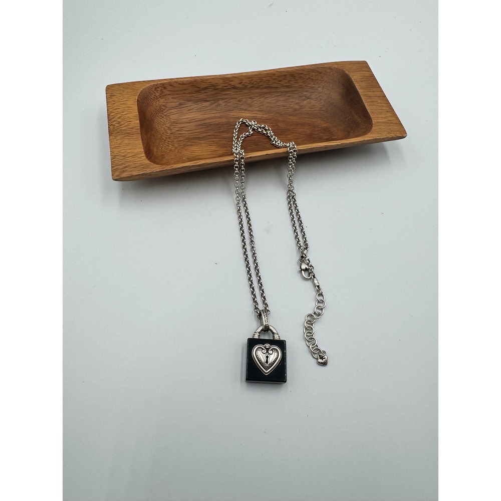 Brighton Secret Love Padlock Necklace Black Resin Silver Heart Pendant